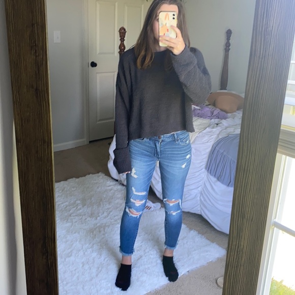 Fuzzy Cropped Dark Gray Sweater - Picture 1 of 2